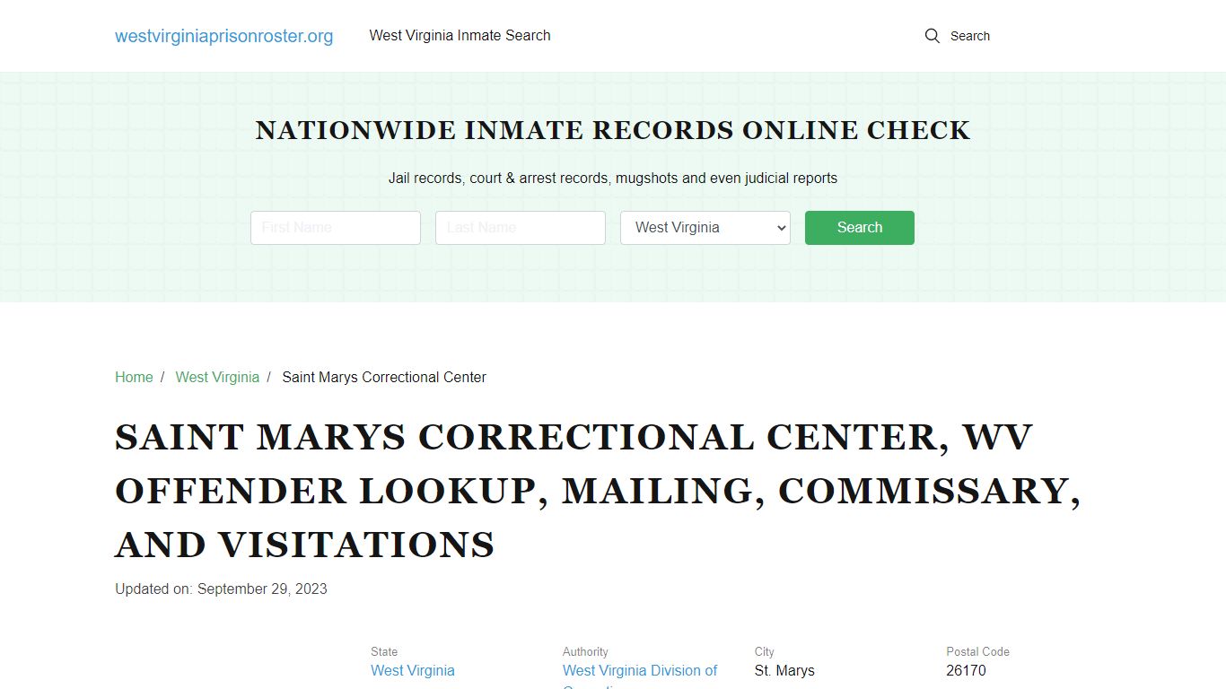 Saint Marys Correctional Center, WV Inmate Search, Commissary, Visitations