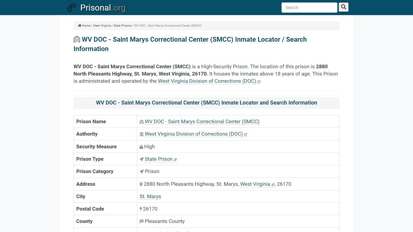 WV DOC - Saint Marys Correctional Center (SMCC)-Inmate Locator/Search ...